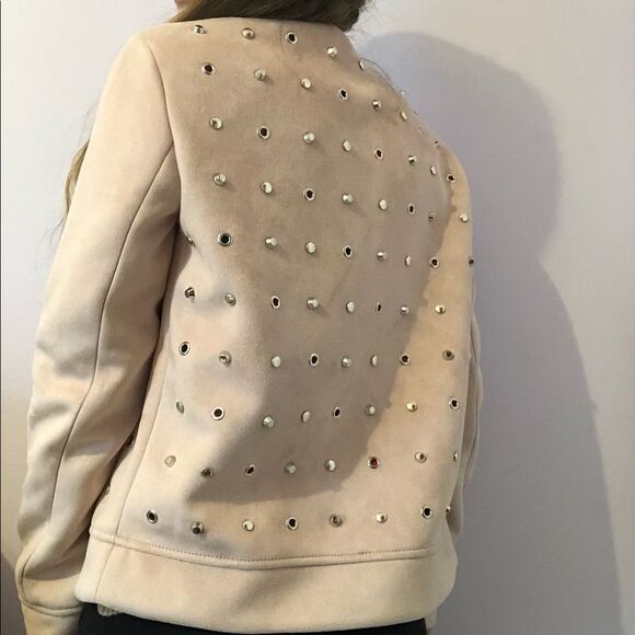 Zara Pastel Pink Faux Suede Studded Jacket Size S Collarless - Picture 6 of 14